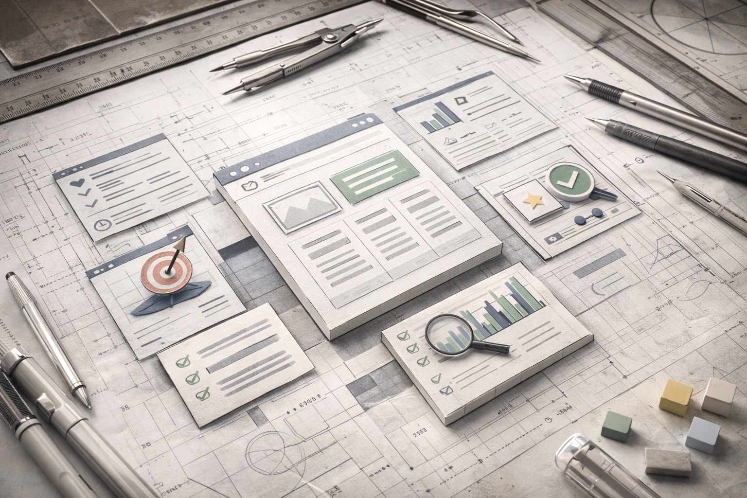 i-7-elementi-essenziali-sito-web-architettura-strategica i 7 elementi essenziali per il tuo sito web rappresentati come struttura architettonica strategica