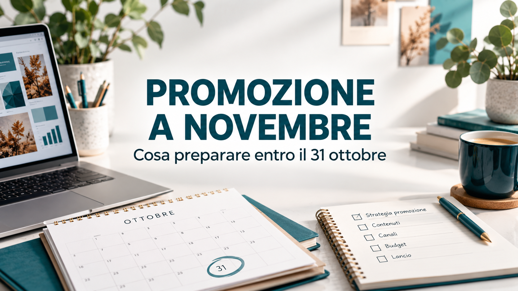 Immagine editoriale dedicata alla preparazione di una promozione a novembre, con calendario di ottobre, checklist strategica e strumenti di marketing.